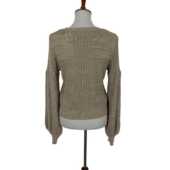 Devlin Tan Knit Balloon Sleeve Sweater Cotton Small Cozy Fall Pullover - Picture 3 of 5